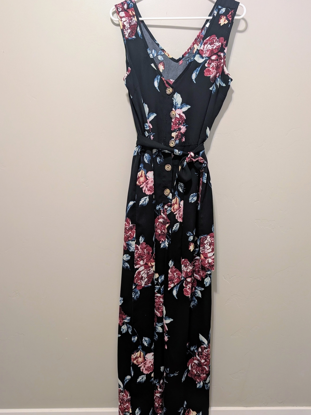 Xhilaration Black Floral V-Neck Jumpsuit with Tie Waist